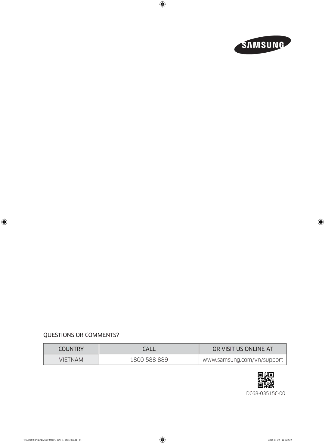 Samsung WA14J6750SP/SV, WA16J6750SP/SV manual 1800 588 