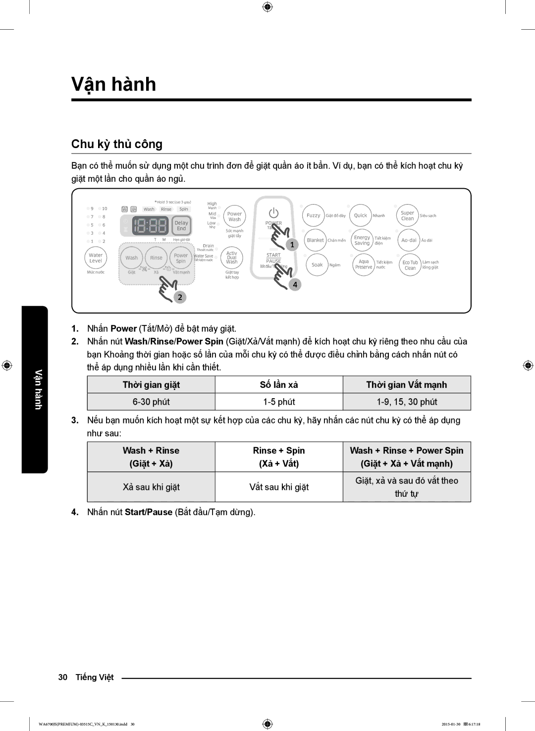 Samsung WA14J6750SP/SV manual Chu kỳ thủ công, Thời gian giặt Số lần xả Thời gian Vắt mạnh, Wash + Rinse Rinse + Spin 