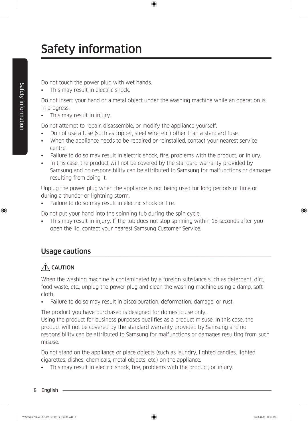 Samsung WA14J6750SP/SV, WA16J6750SP/SV manual Usage cautions 