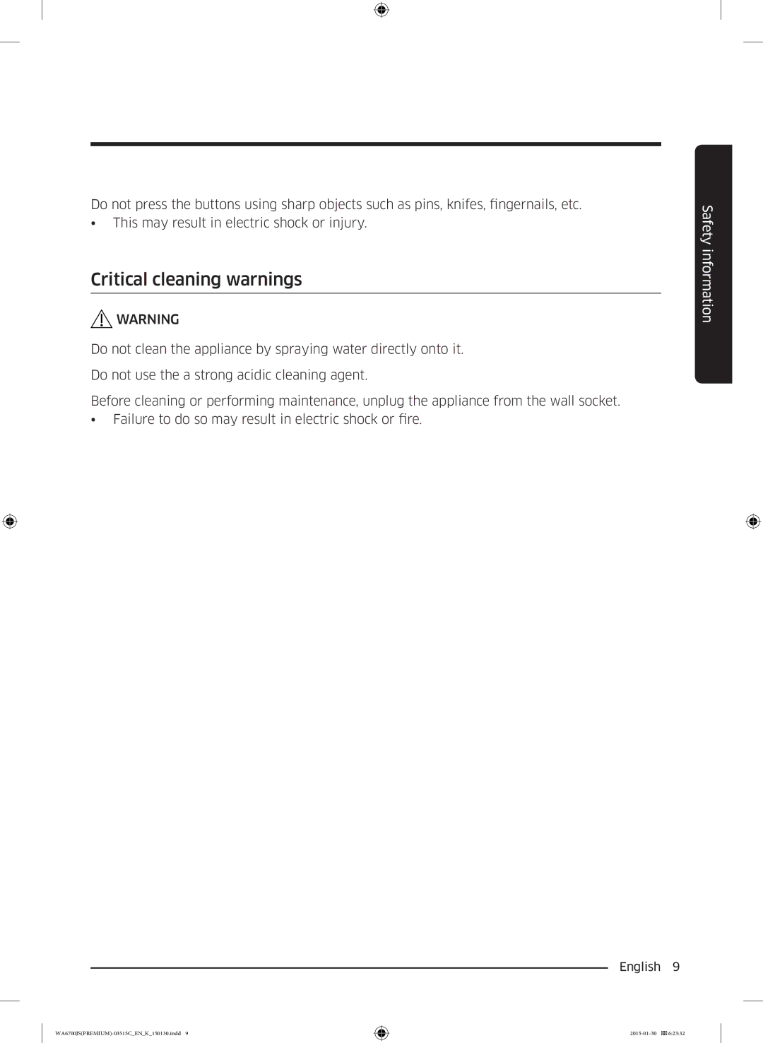 Samsung WA16J6750SP/SV, WA14J6750SP/SV manual Critical cleaning warnings 