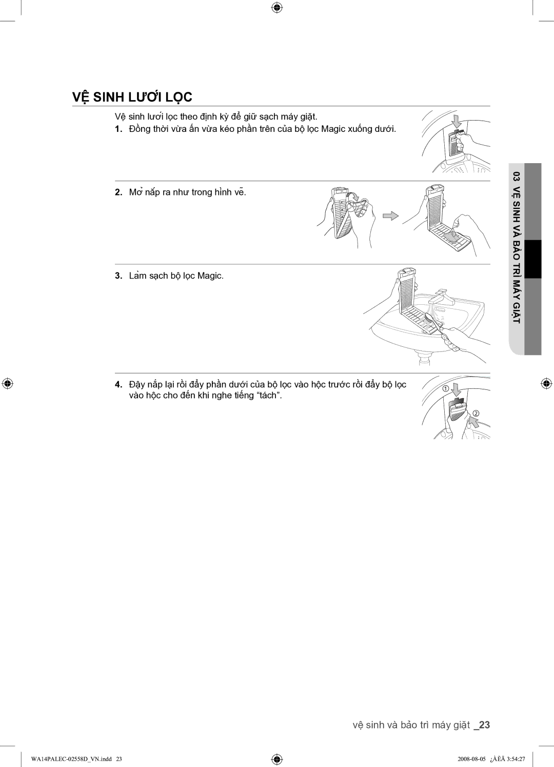 Samsung WA14P9PEC/XSV manual VỆ Sinh LƯỚI LỌC, 03 VỆ Sinh VÀ BẢO TRÌ MÁY Giặt 