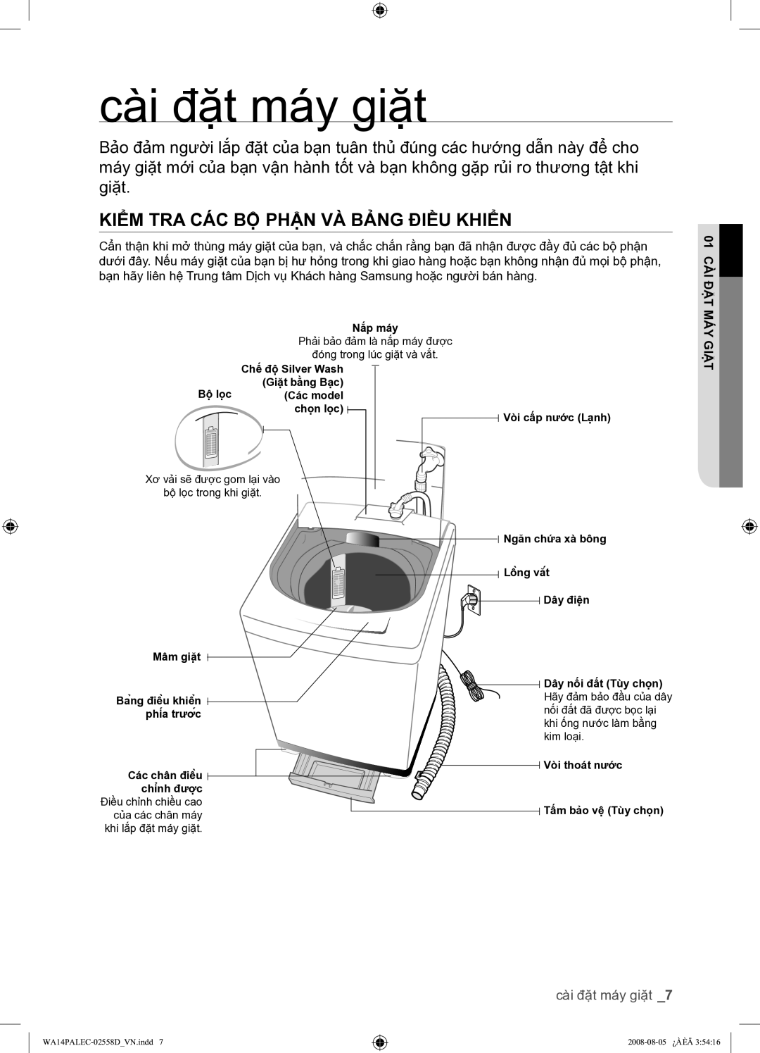 Samsung WA14P9PEC/XSV manual Cài đặt máy giặt, Kiểm TRA CÁC BỘ Phận VÀ Bảng Điều Khiển, 01 CÀI ĐẶT, MÁY Giặt 