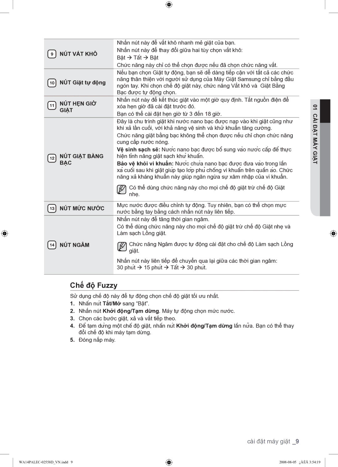 Samsung WA14P9PEC/XSV manual Chế độ Fuzzy, Nút Vắt Khô, 10 NÚT Giặt tự động, Cài, Đặt 