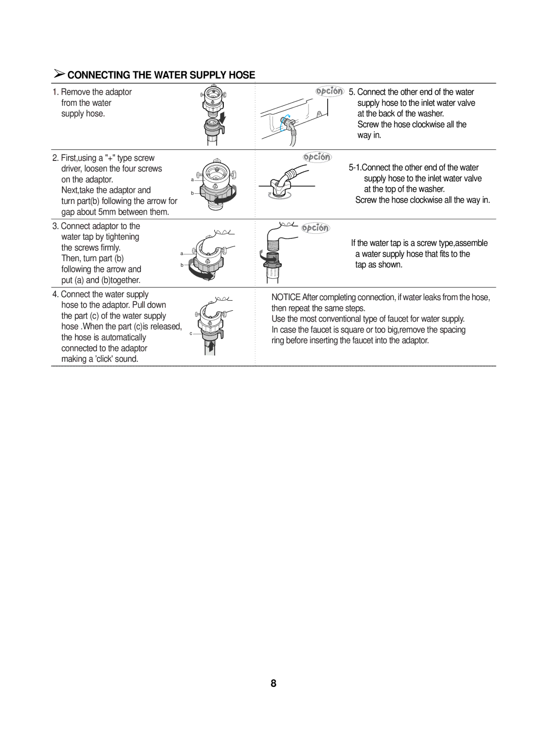 Samsung WA15G2Q1DW/YL, WA15G2Q1EW/XSG, WA15G2Q1DY/YL, WA15G2Q1FW/YL, WA15G2Q1FY/YL manual Connecting the Water Supply Hose 