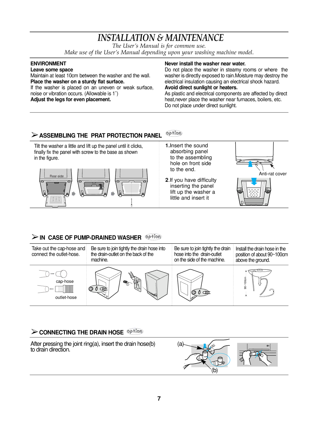 Samsung WA15G2Q1EW/XSG manual Installation & Maintenance, Assembling the Prat Protection Panel, Case of PUMP-DRAINED Washer 