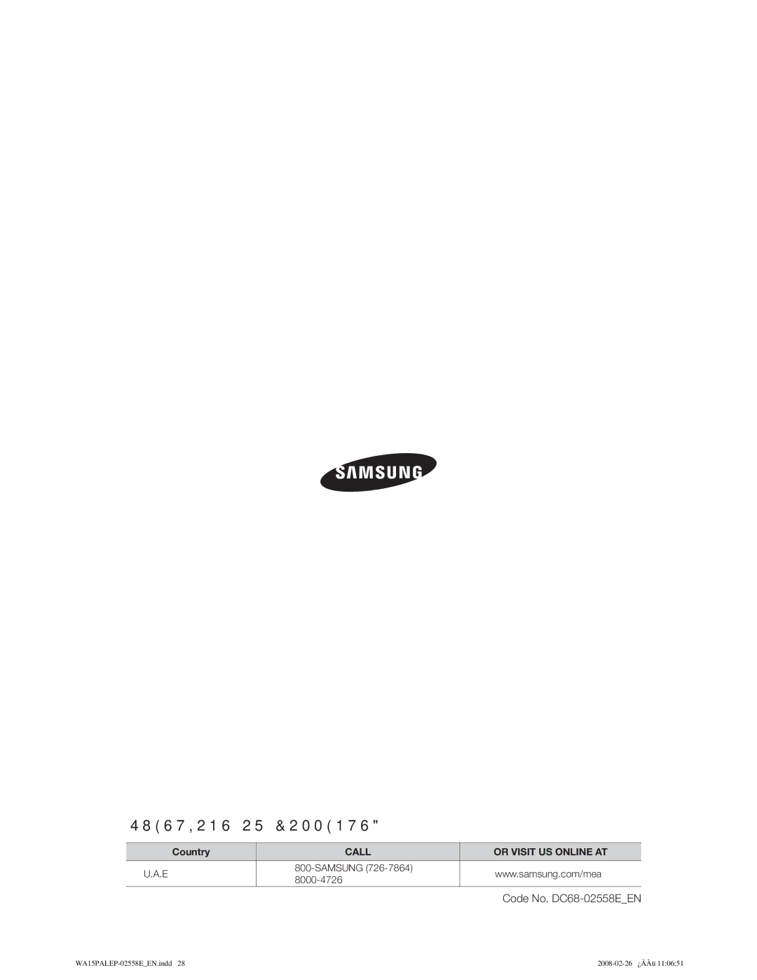 Samsung WA15PALFP/YL manual 4867,21625&200176 