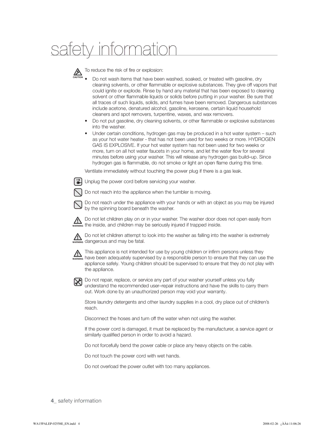 Samsung WA15PALFP/YL manual 7RUHGXFHWKHULVNRIƂUHRUHSORVLRQ, LqwrWkhZdvkhu, WkhDssoldqfh 