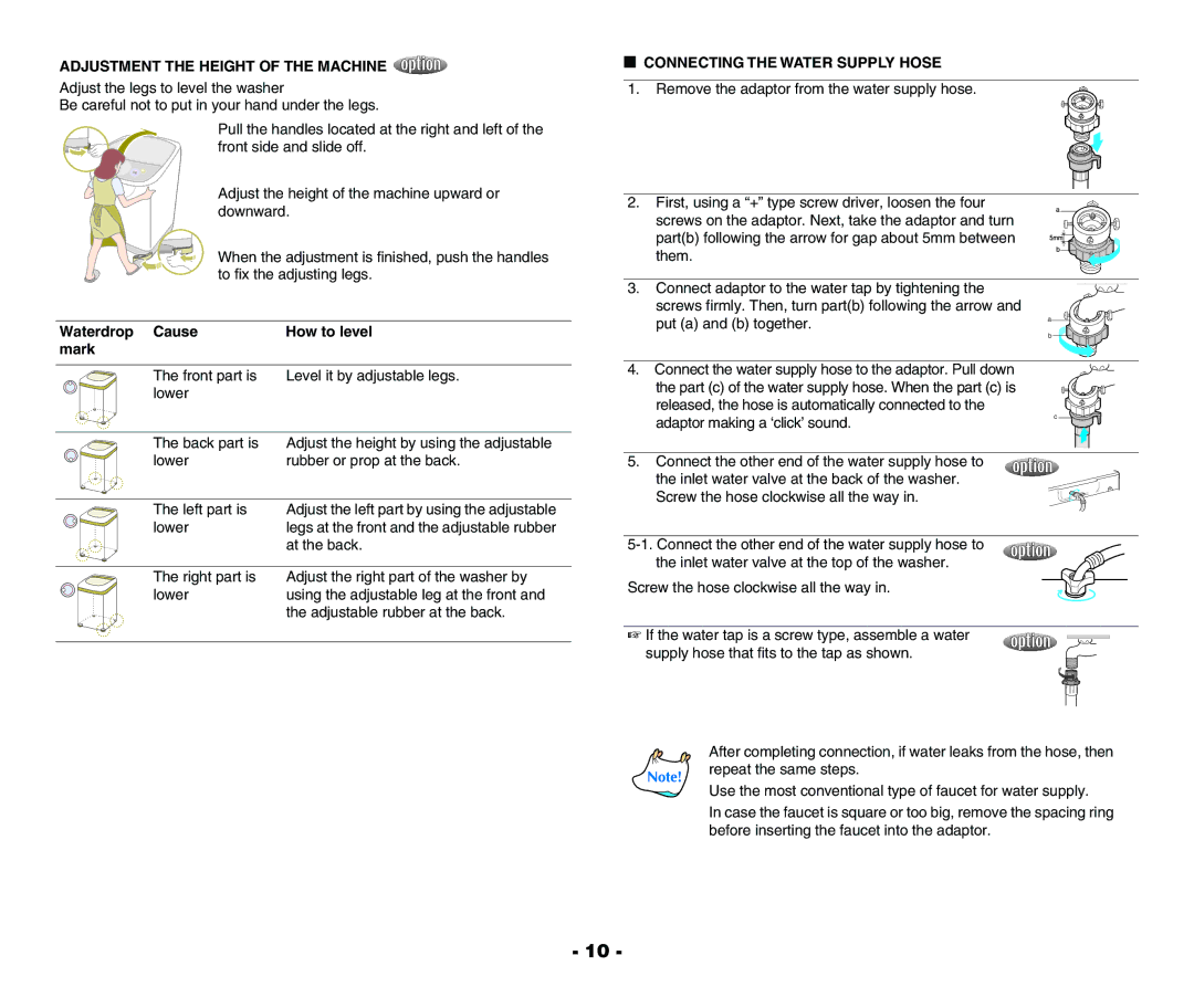 Samsung WA13R3Q3IW-XSG, WA15R3Q3FW-YL manual Adjustment the Height of the Machine, Waterdrop Cause How to level Mark 