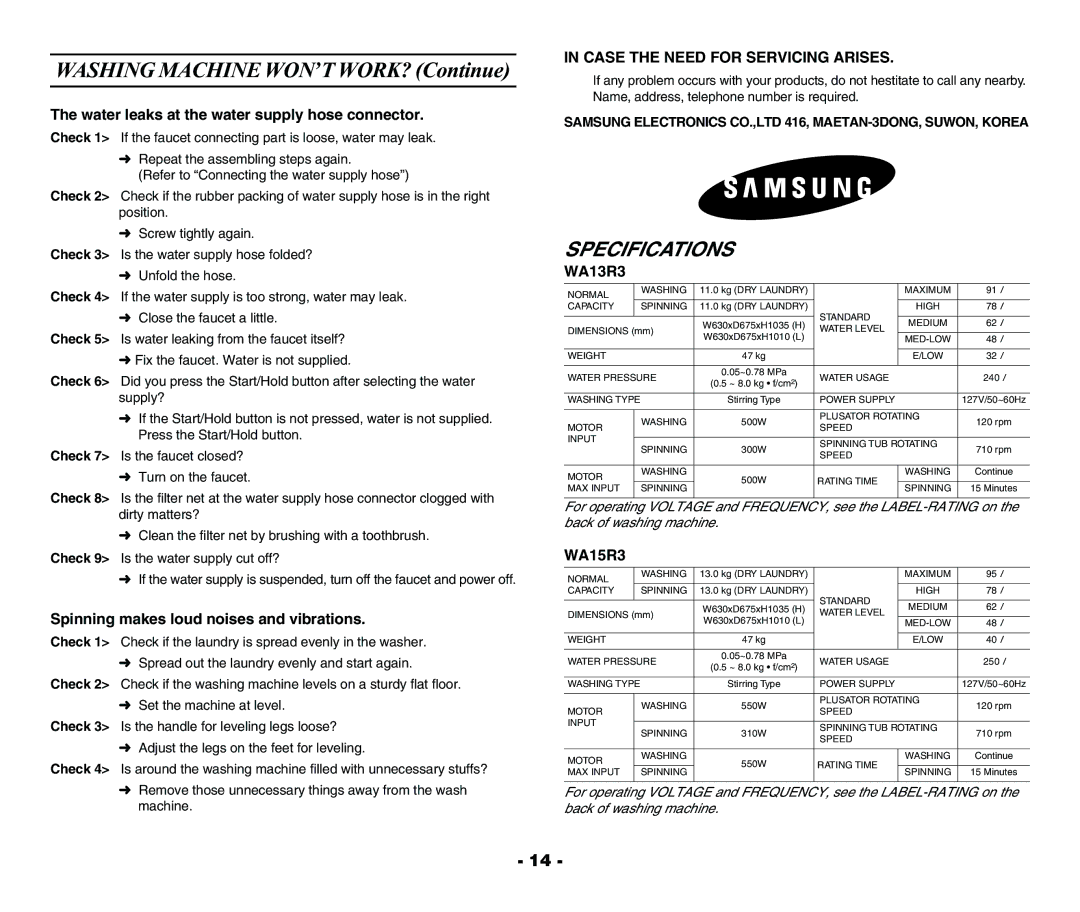 Samsung WA13R3Q3ES/YFH, WA15R3Q3FW-YL, WA13R3Q3EW-XSG, WA13R3Q3FW-YL, WA15R3Q3DW/YL manual Washing Machine WON’T WORK? Continue 