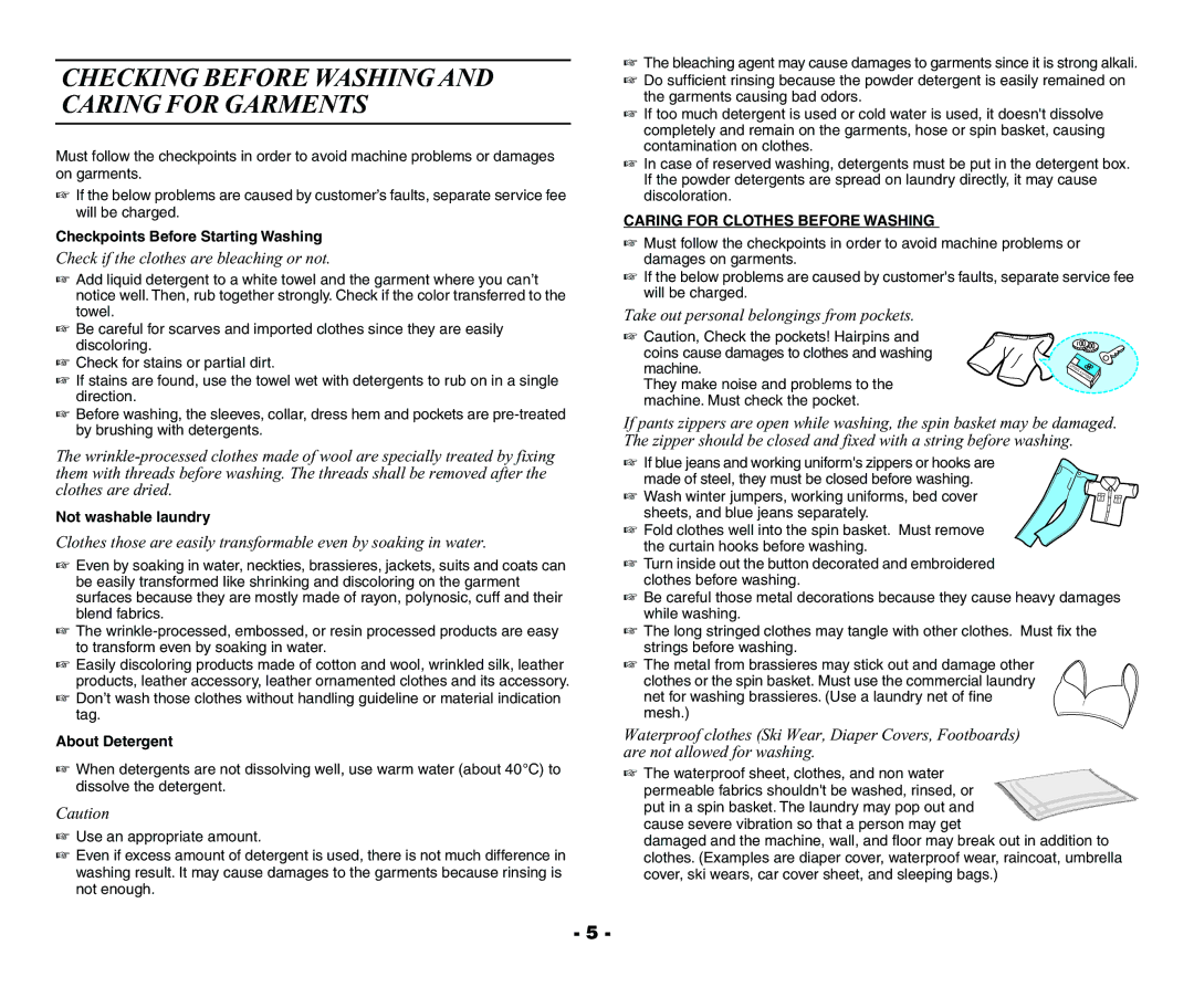 Samsung WA15R3N3EW-XSG manual Checking Before Washing and Caring for Garments, Check if the clothes are bleaching or not 