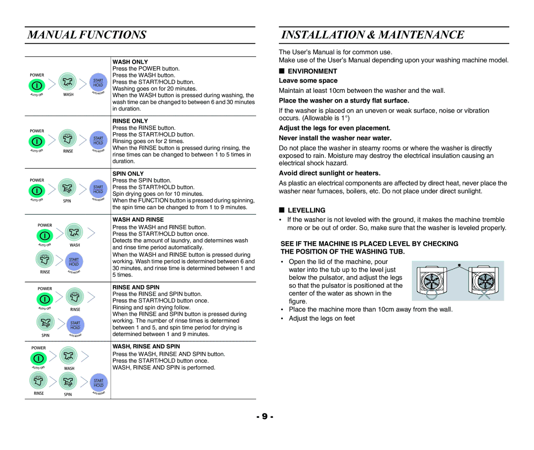 Samsung WA15R3Q3IW/XSG Manual Functions, Installation & Maintenance, Place the washer on a sturdy flat surface, Levelling 