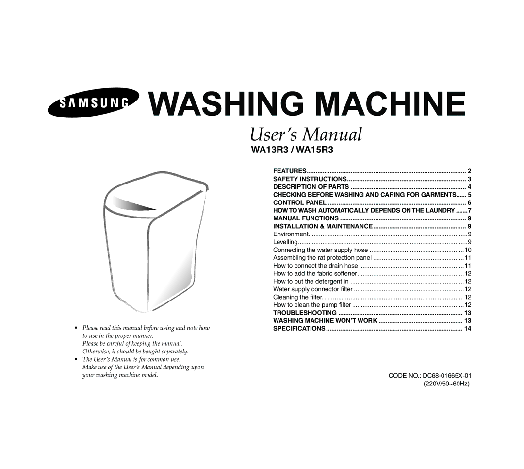 Samsung WA13R3Q3EW-XSG manual Checking Before Washing and Caring for Garments, Troubleshooting Washing Machine WON’T Work 