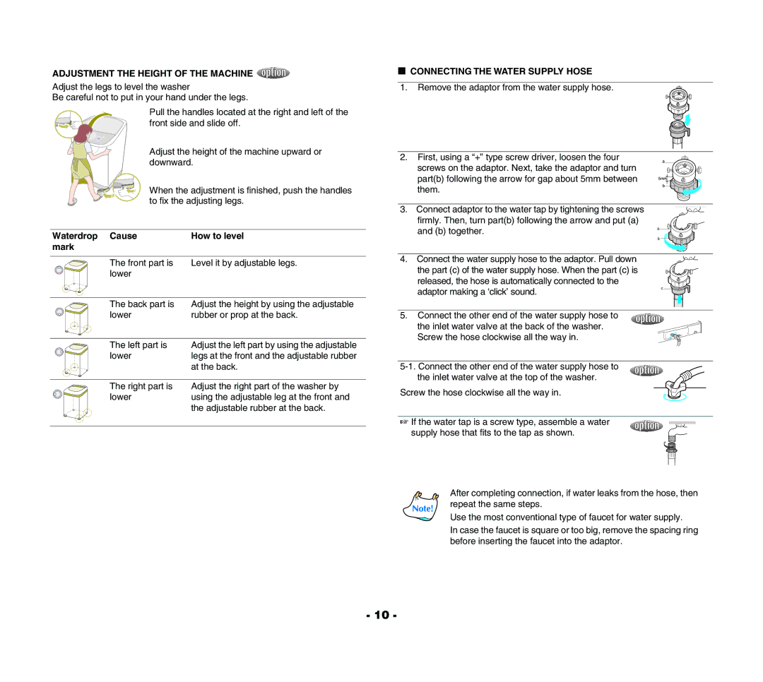 Samsung WA15R3Q3IW/XSG, WA15R3Q3FW-YL manual Adjustment the Height of the Machine, Waterdrop Cause How to level Mark 