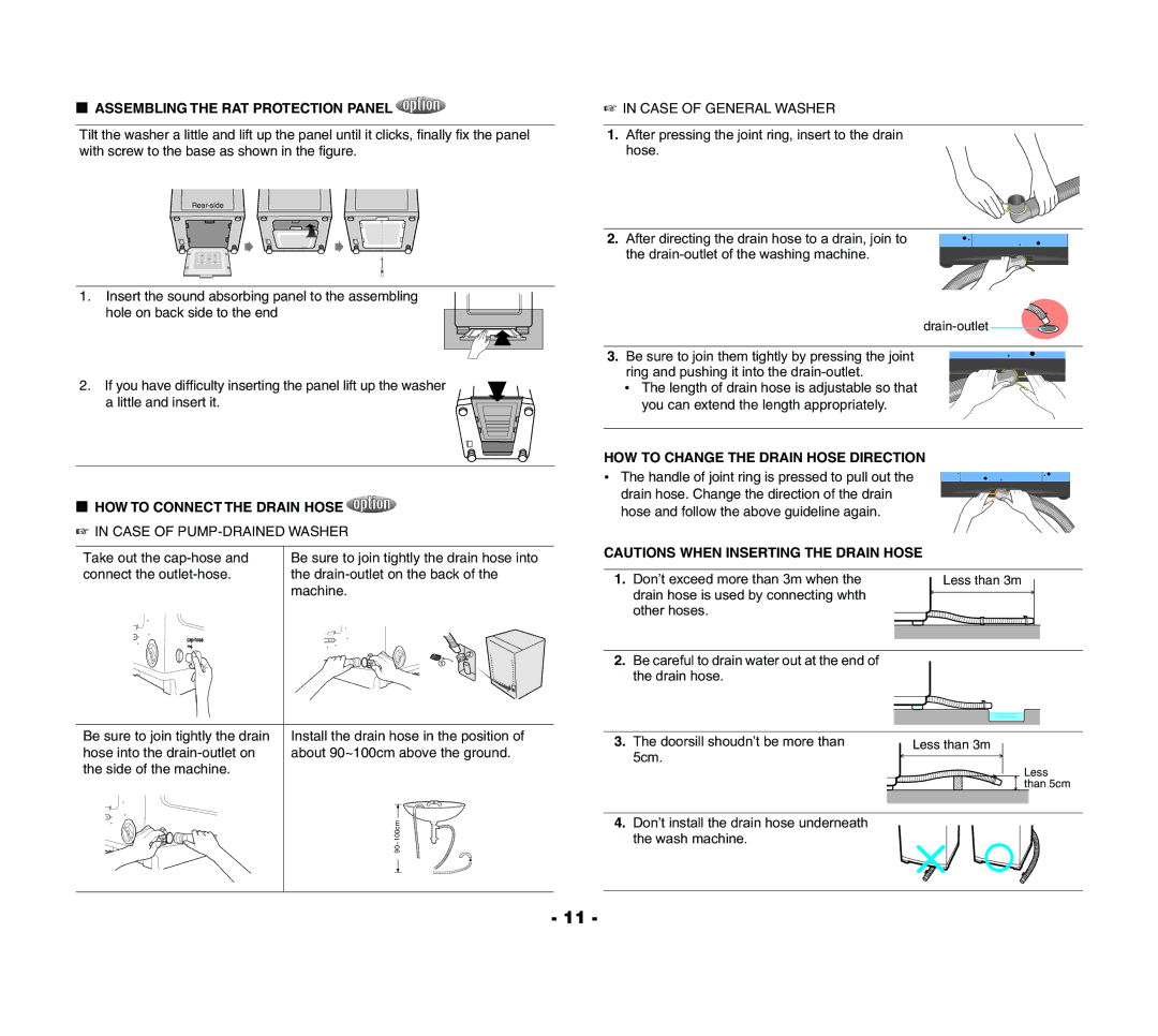 Samsung WA13R3Q3IW-XSG, WA15R3Q3FW-YL, WA13R3Q3EW-XSG Assembling the RAT Protection Panel, HOW to Connect the Drain Hose 