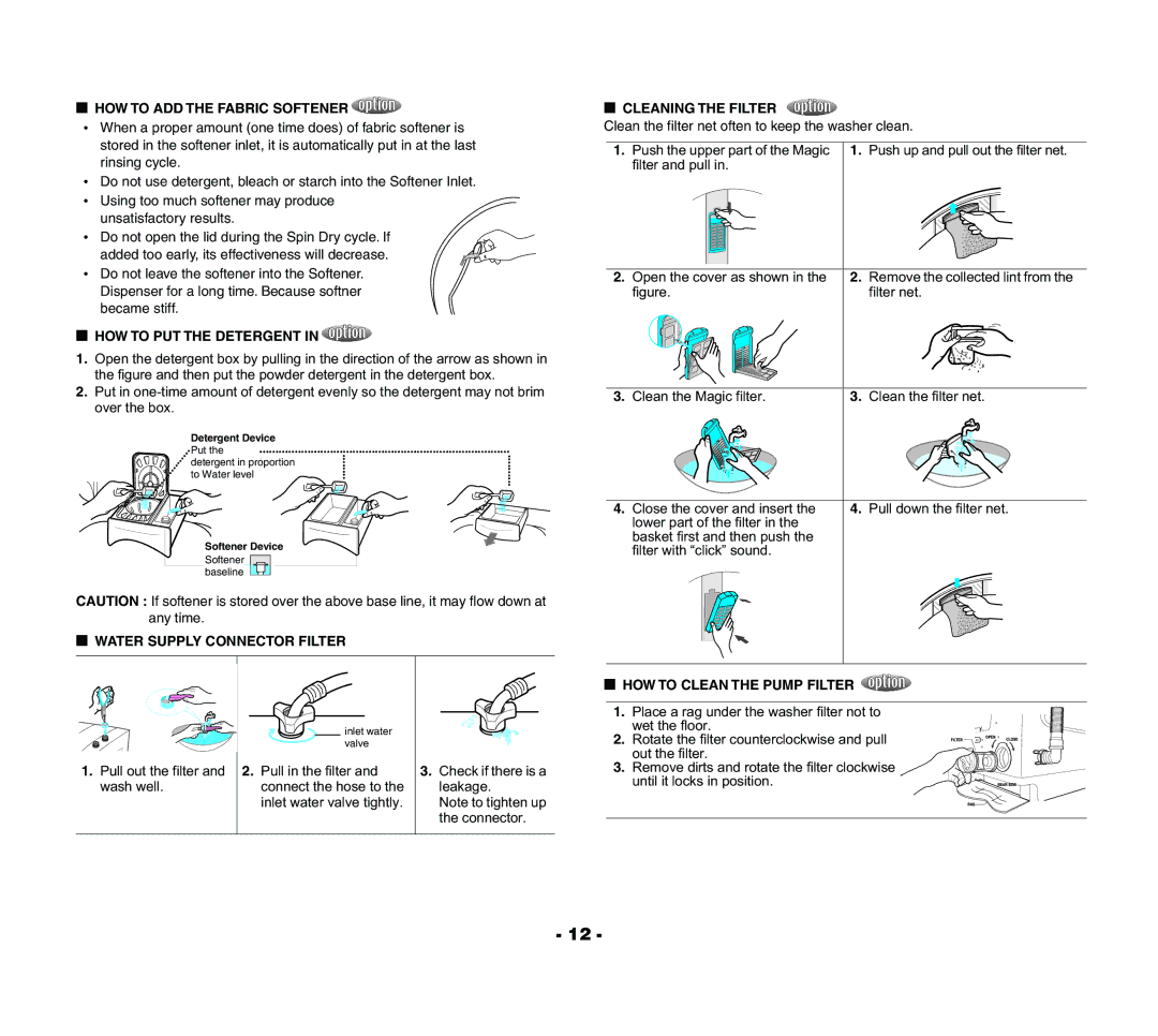 Samsung WA13R3Q3FW/YL manual HOW to ADD the Fabric Softener, HOW to PUT the Detergent, HOW to Clean the Pump Filter 