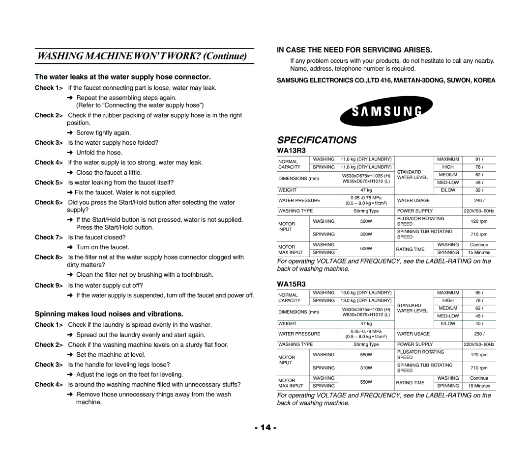 Samsung WA13R3Q3DW-YL, WA15R3Q3FW-YL, WA13R3Q3EW-XSG, WA13R3Q3FW-YL, WA15R3Q3DW/YL manual Washing MACHINEWON’TWORK? Continue 