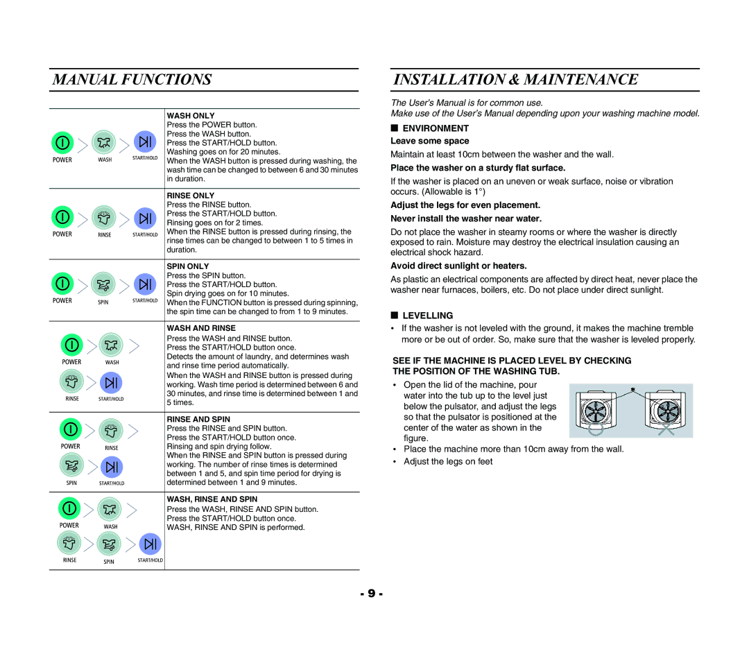 Samsung WA13R3N3IW-XSG Manual Functions, Installation & Maintenance, Place the washer on a sturdy flat surface, Levelling 