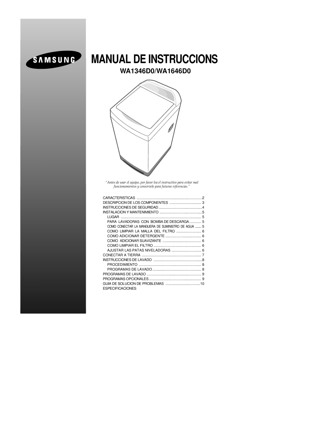 Samsung WA1346D0, WA1646D0 manual Manual DE Instruccions 