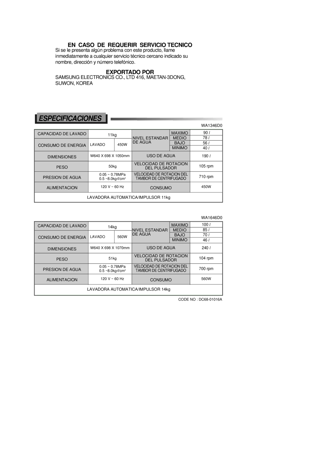 Samsung WA1346D0, WA1646D0 manual Especificaciones, 11kg, Lavadora AUTOMATICA/IMPULSOR 14kg 