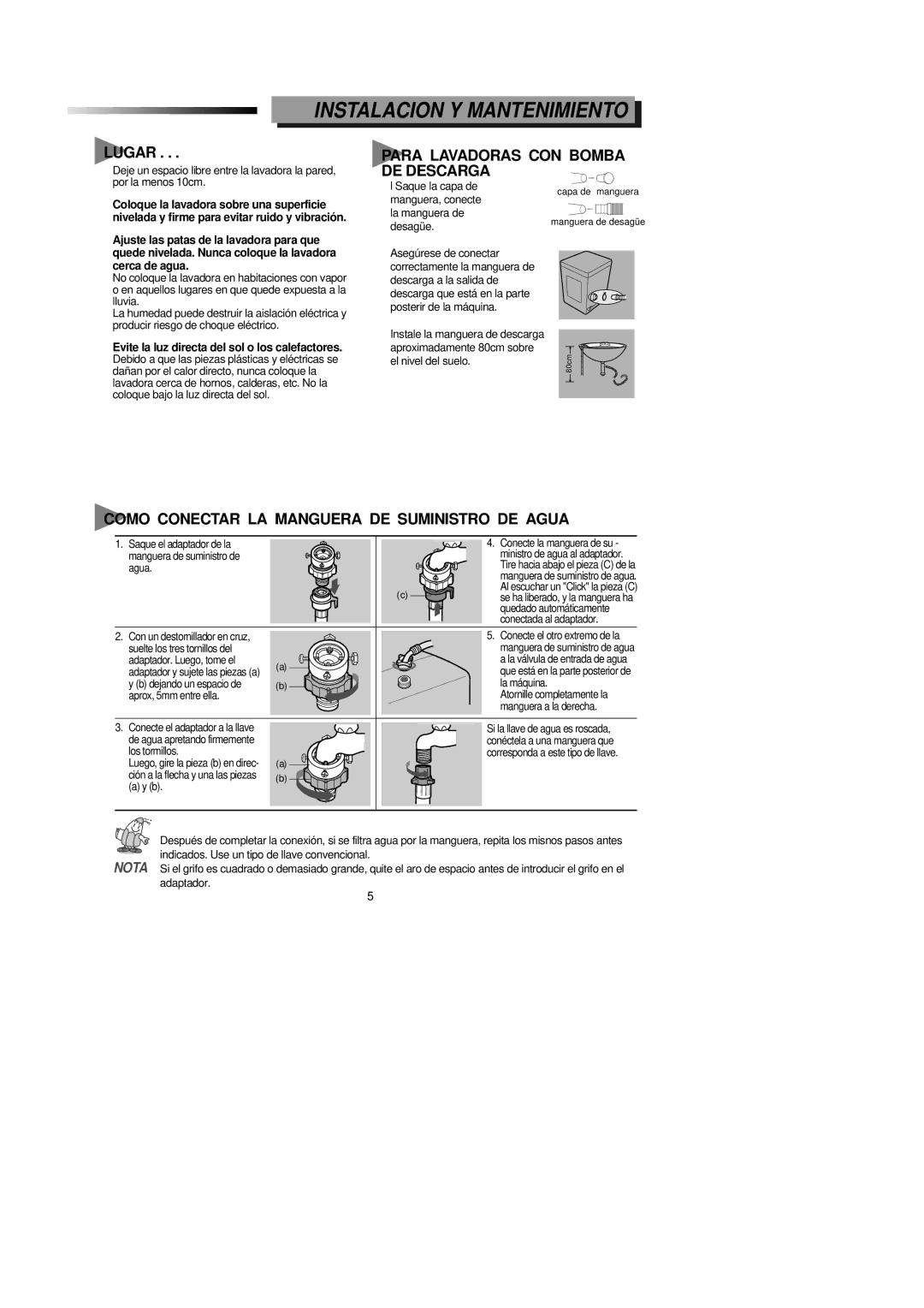 Samsung WA1346D0, WA1646D0 manual Instalacion Y Mantenimiento, Lugar, Para Lavadoras CON Bomba DE Descarga 