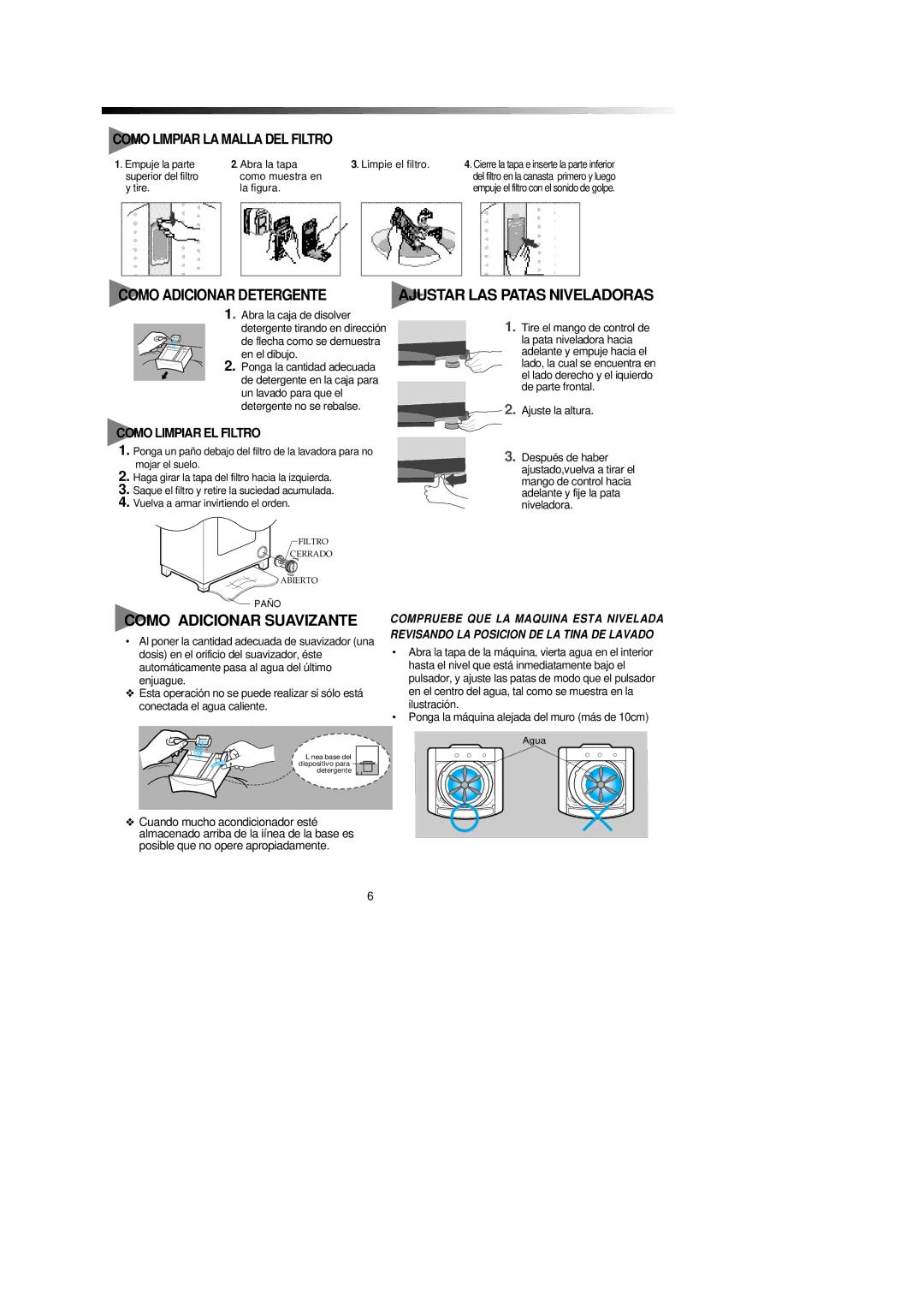 Samsung WA1646D0, WA1346D0 manual Como Adicionar Detergente, Ajustar LAS Patas Niveladoras, Como Adicionar Suavizante 