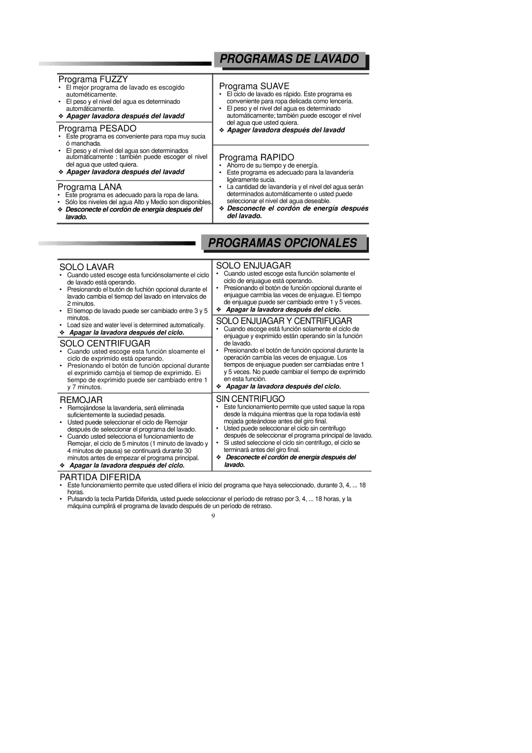 Samsung WA1346D0, WA1646D0 manual Programas DE Lavado, Programas Opcionales 