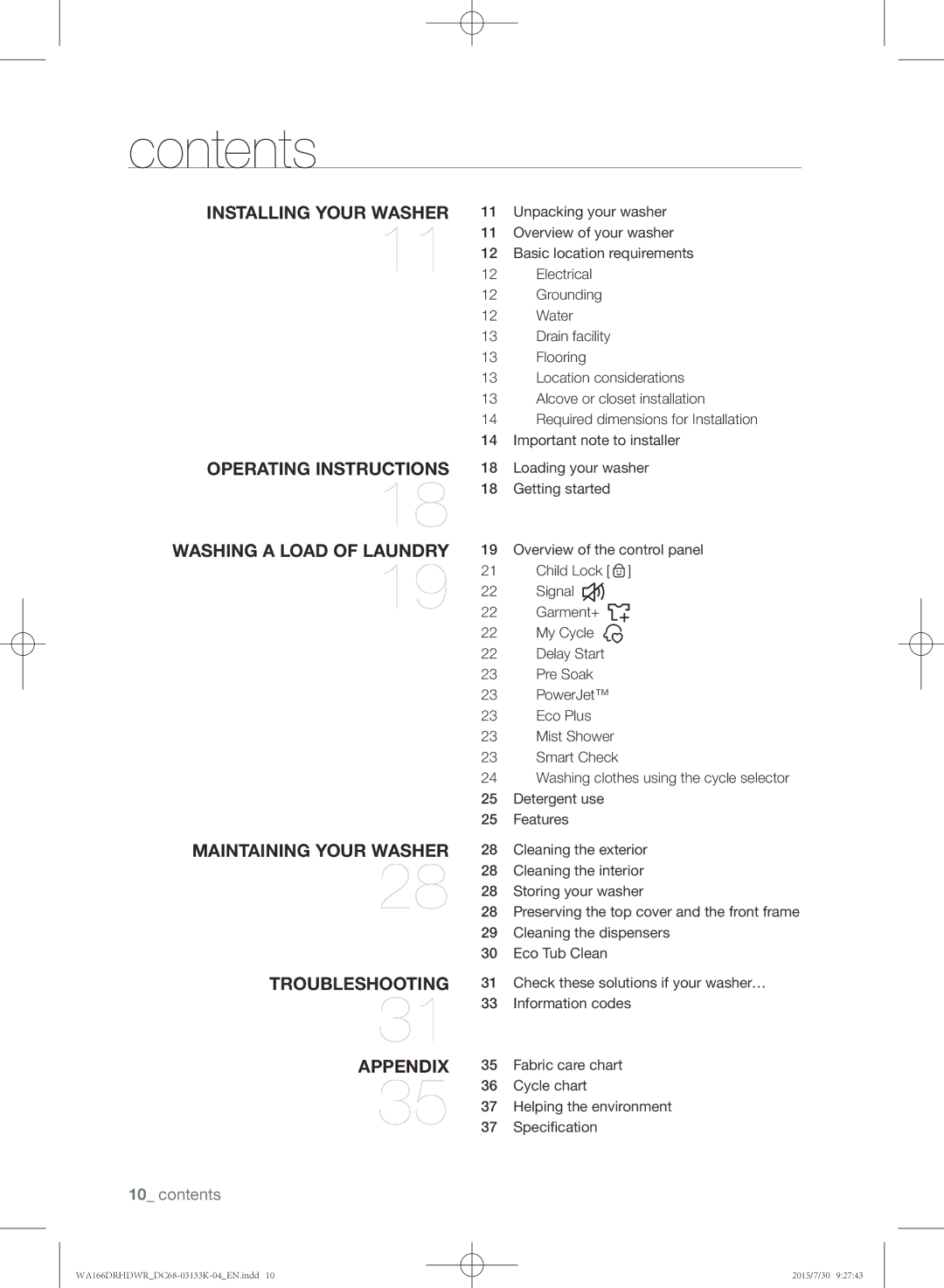 Samsung WA166DRHDWR/YL manual Contents 