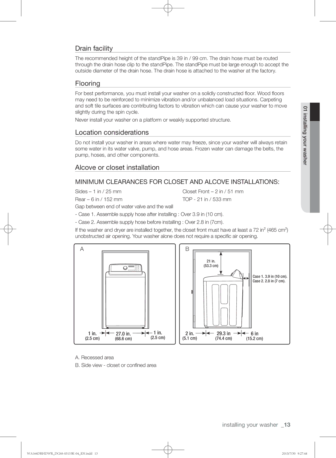 Samsung WA166DRHDWR/YL manual Drain facility, Flooring, Location considerations, Alcove or closet installation 