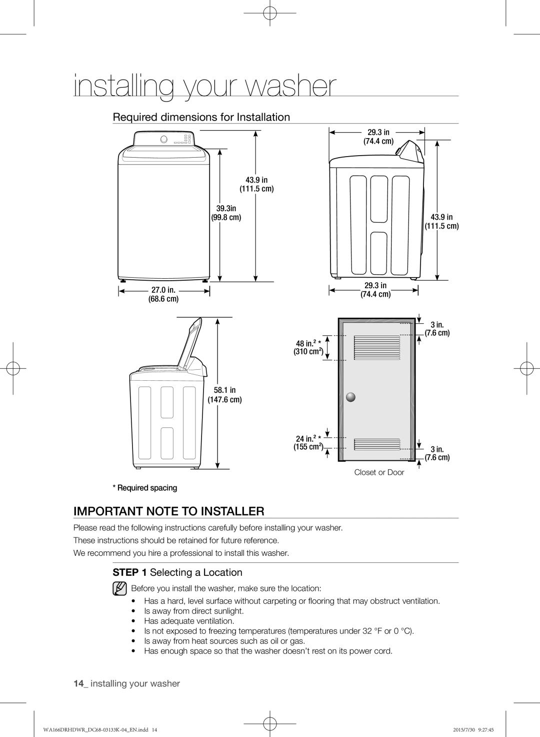 Samsung WA166DRHDWR/YL manual Important note to installer, Required dimensions for Installation, Selecting a Location 