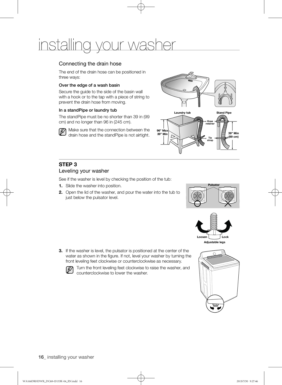 Samsung WA166DRHDWR/YL manual Connecting the drain hose, Leveling your washer 