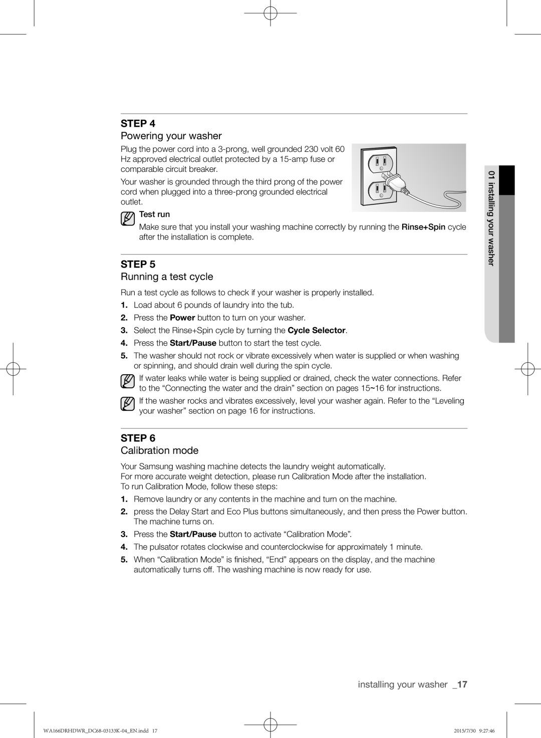 Samsung WA166DRHDWR/YL manual Powering your washer, Running a test cycle, Calibration mode 