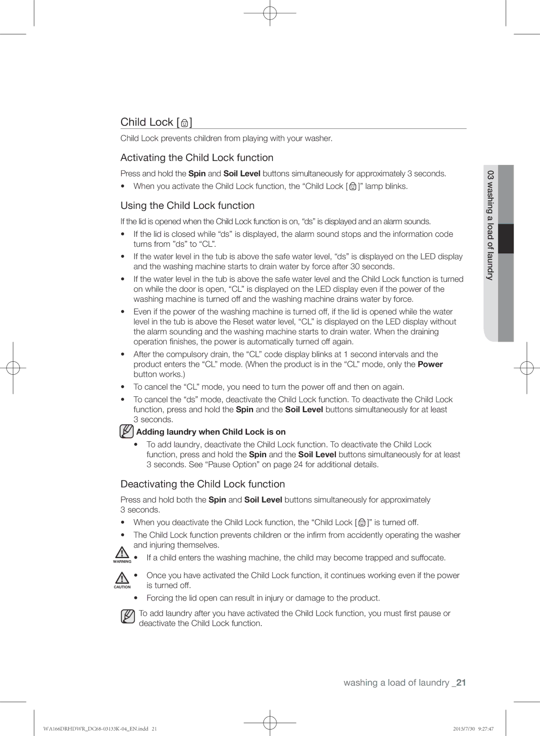 Samsung WA166DRHDWR/YL manual Activating the Child Lock function, Using the Child Lock function 