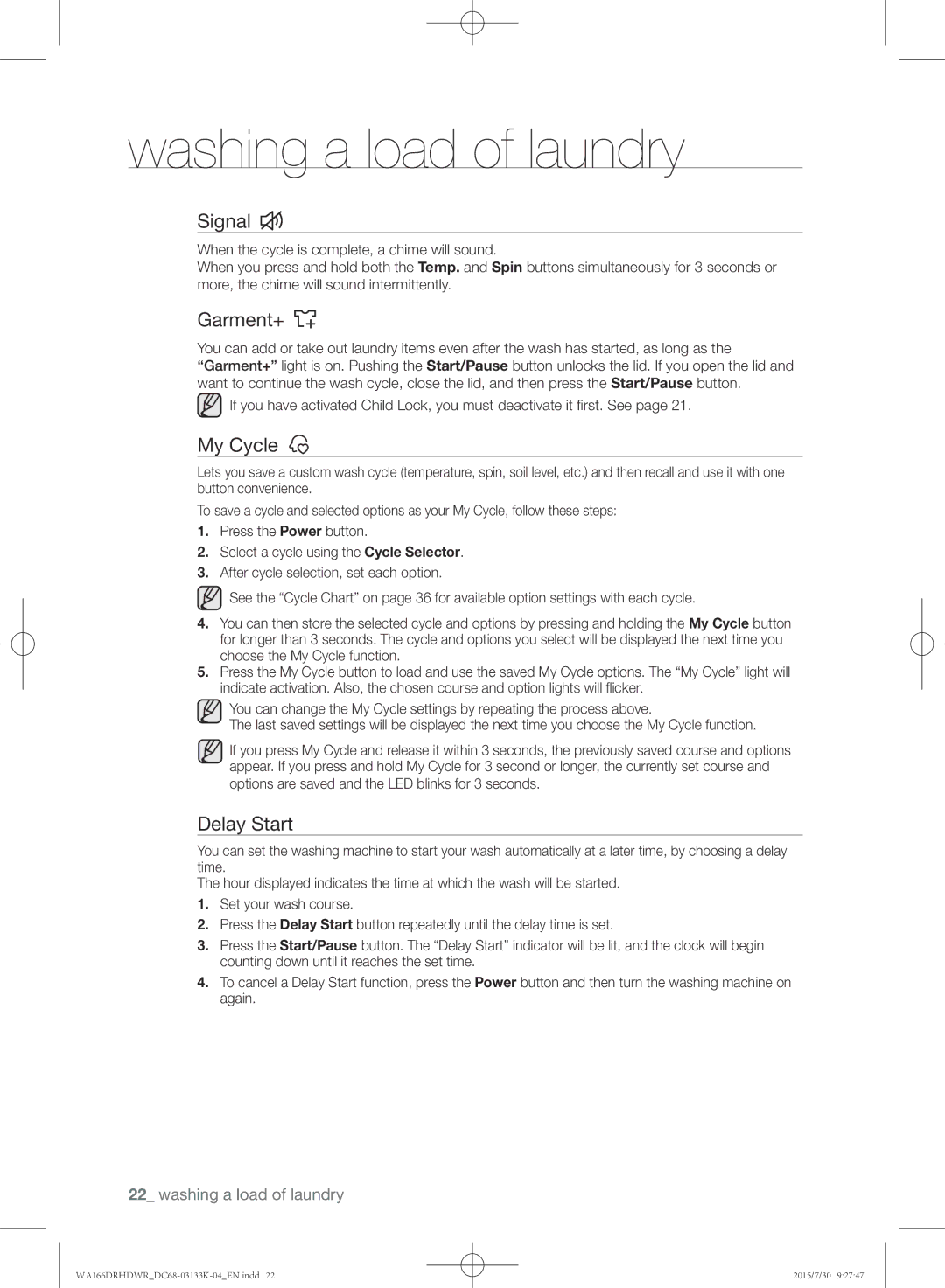 Samsung WA166DRHDWR/YL manual Signal, Garment+, Delay Start 