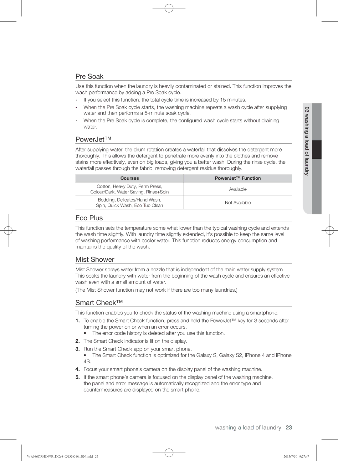 Samsung WA166DRHDWR/YL manual Pre Soak, Courses PowerJet Function 