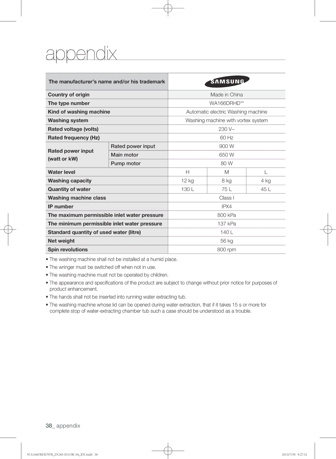 Samsung WA166DRHDWR/YL Manufacturer’s name and/or his trademark Country of origin, Type number, Kind of washing machine 