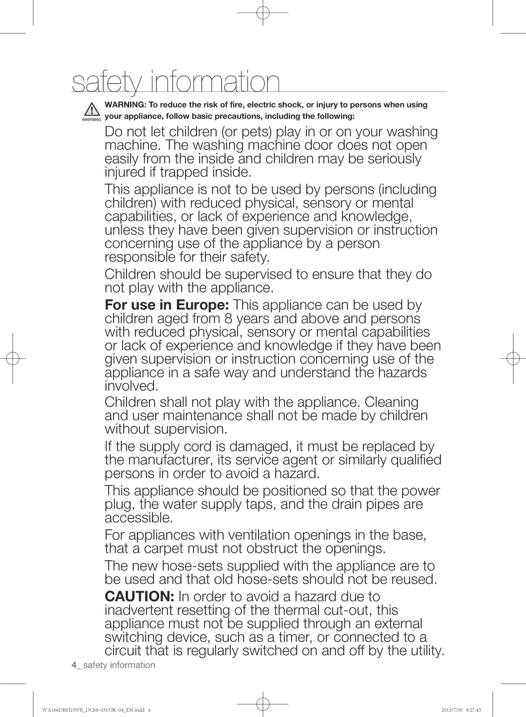 Samsung WA166DRHDWR/YL manual Safety information 