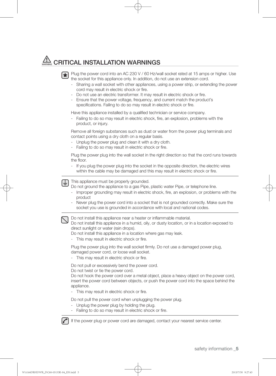 Samsung WA166DRHDWR/YL manual Safety information 