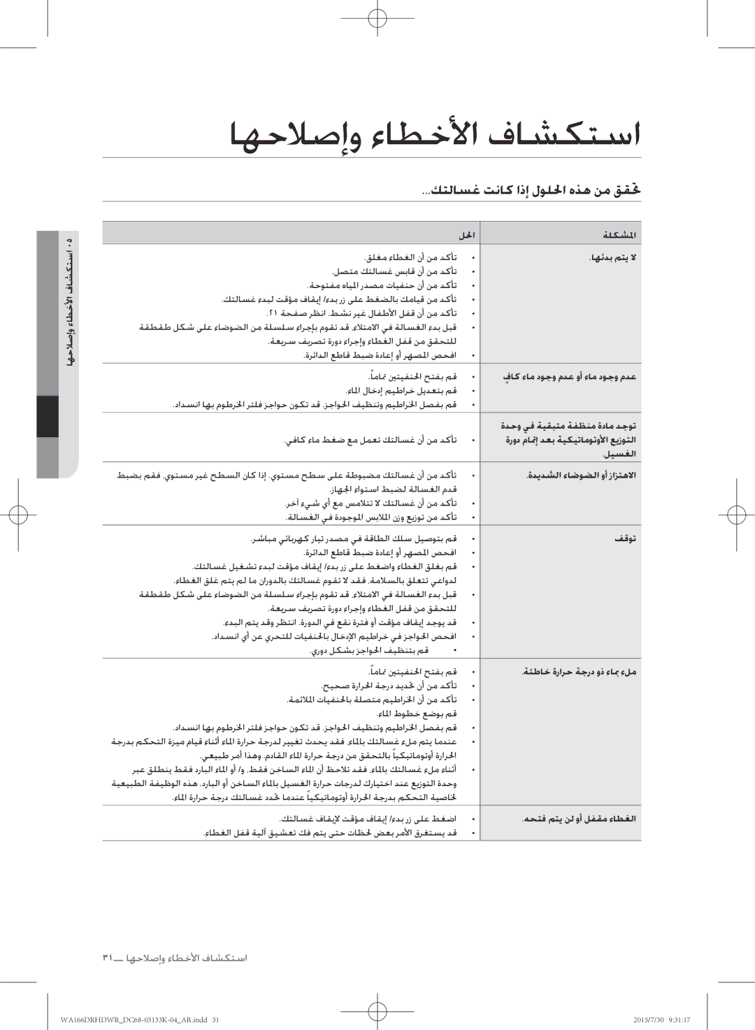 Samsung WA166DRHDWR/YL manual اهحلاصإو ءاطخلأا فاشكتسا, كتلاسغ تناك اذإ لوللحا هذه نم ققتح, استكشافو الأخطأاء وإصلاح 