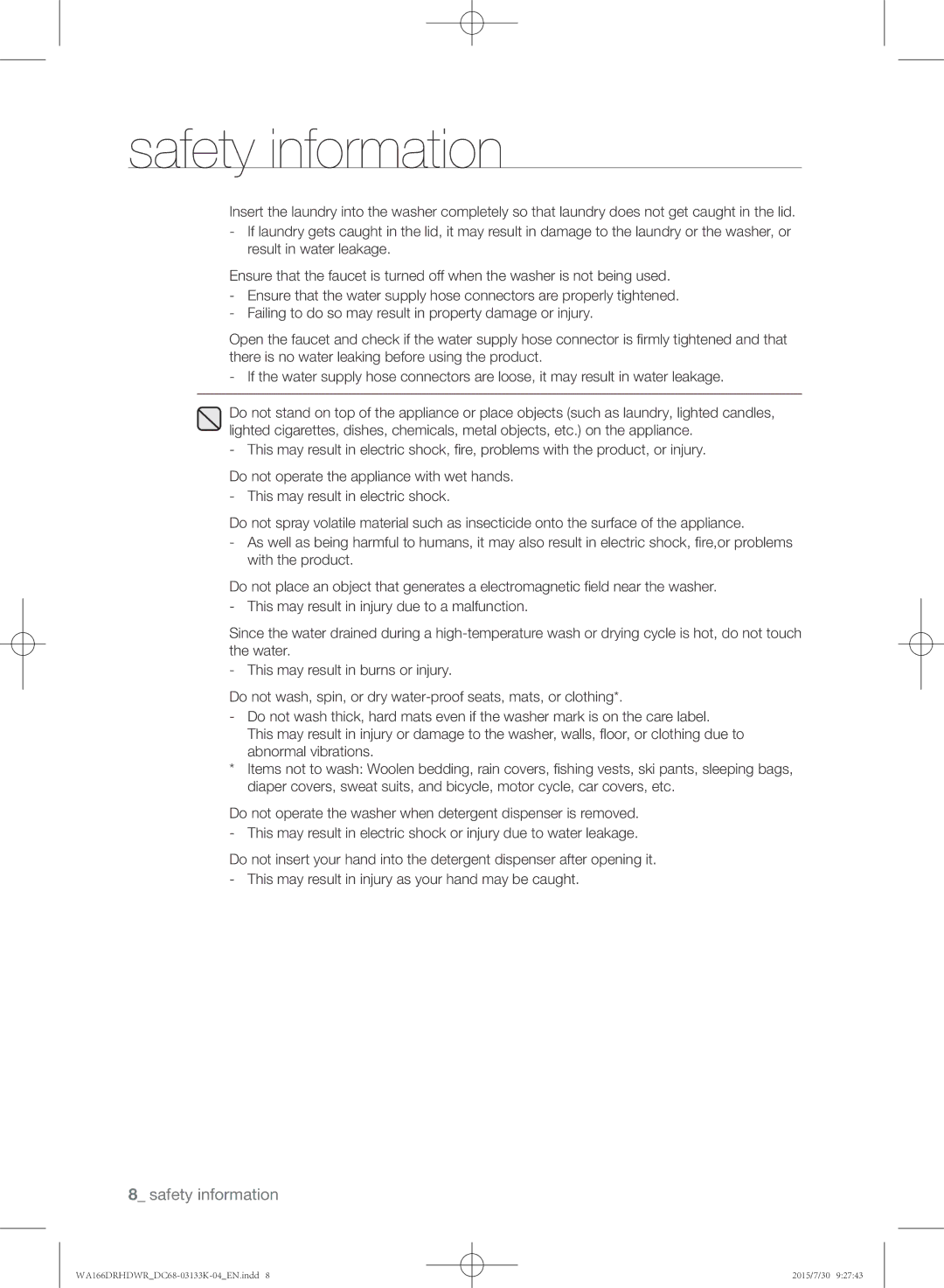 Samsung WA166DRHDWR/YL manual Safety information 