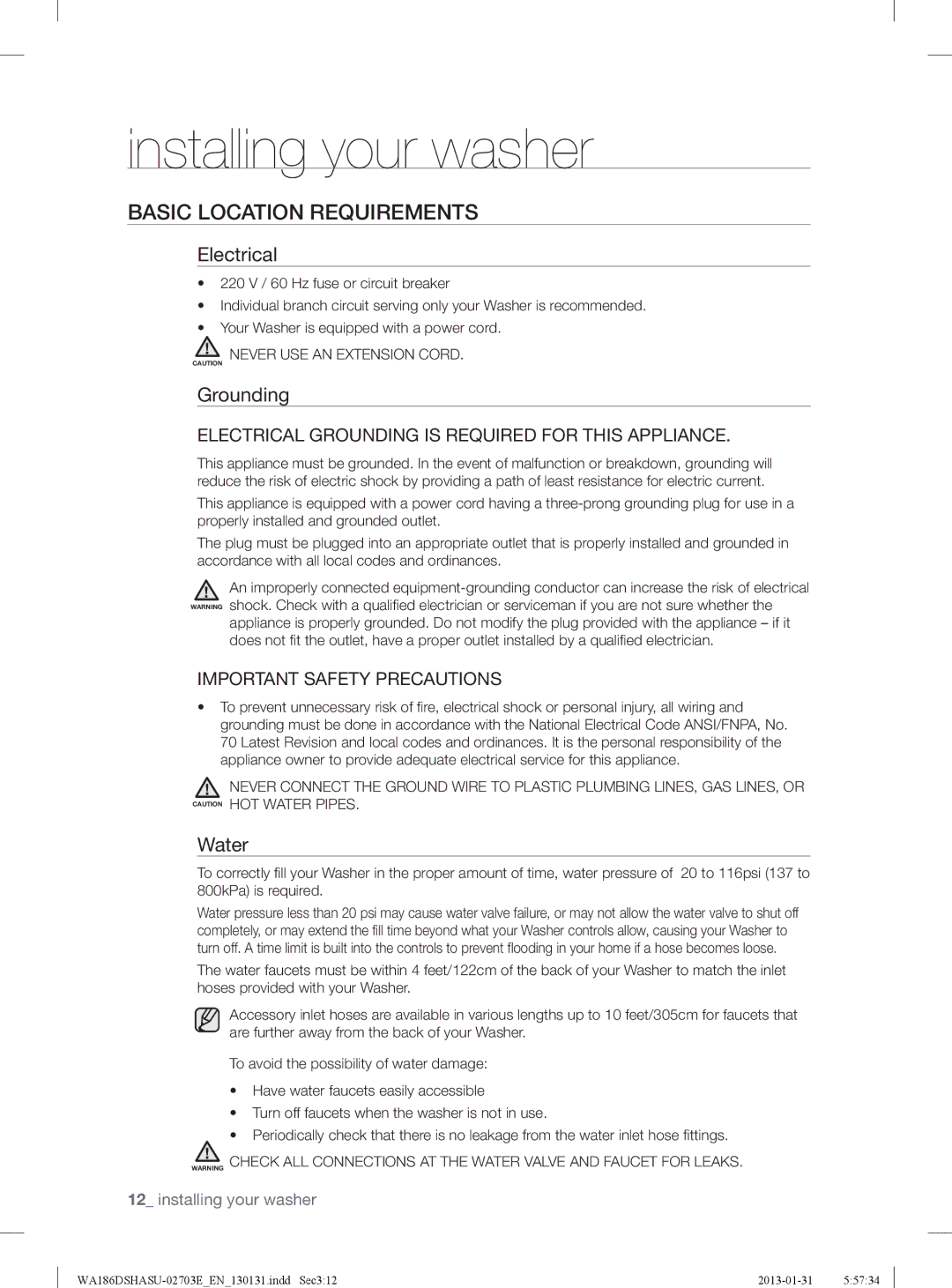 Samsung WA186DSHASU/YL manual Basic Location Requirements, Electrical, Grounding, Water 