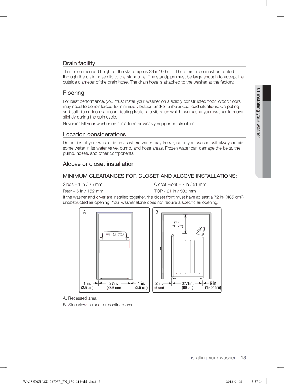 Samsung WA186DSHASU/YL manual Drain facility, Flooring, Location considerations, Alcove or closet installation 