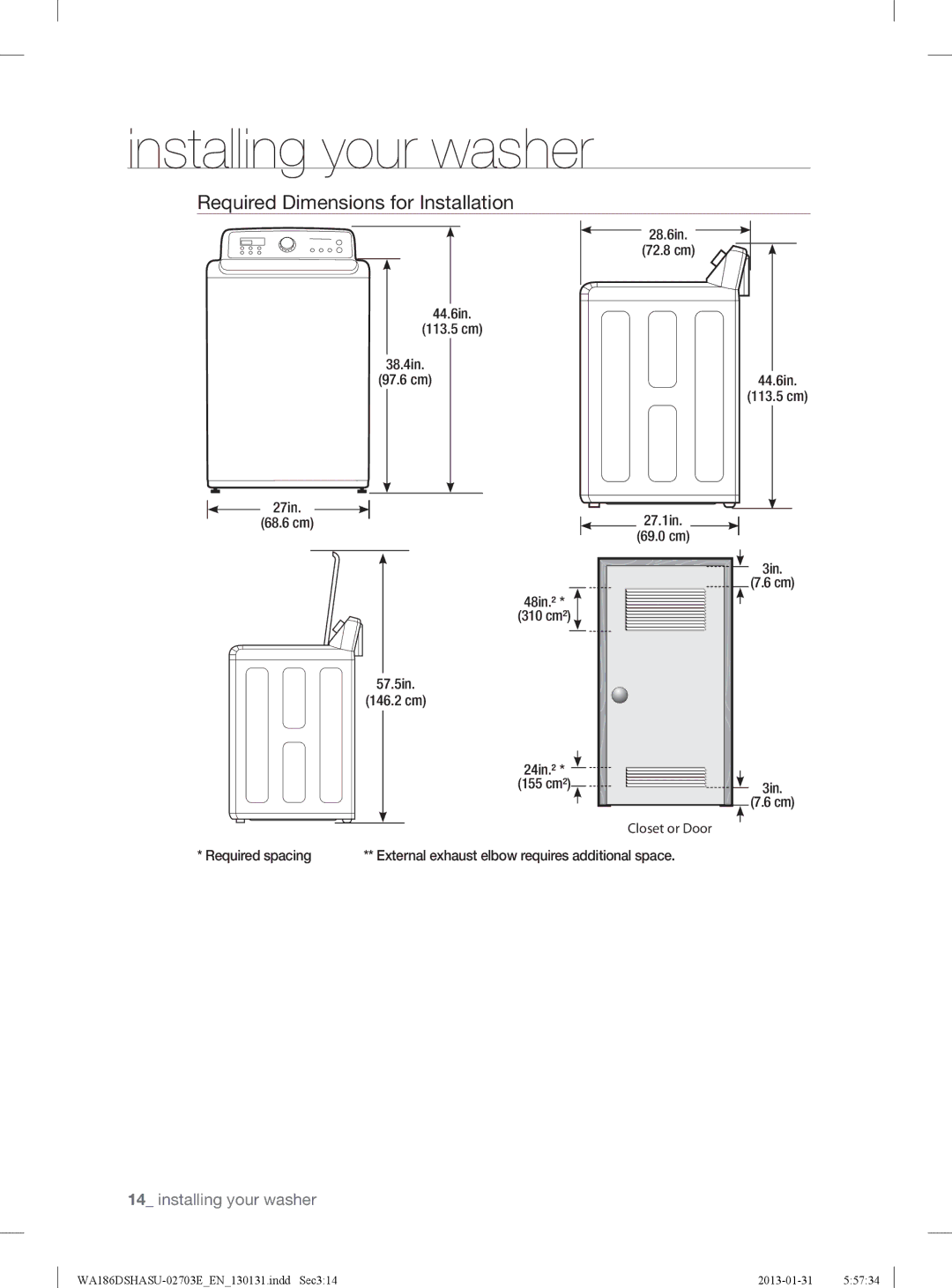 Samsung WA186DSHASU/YL manual Required Dimensions for Installation, Required spacing 