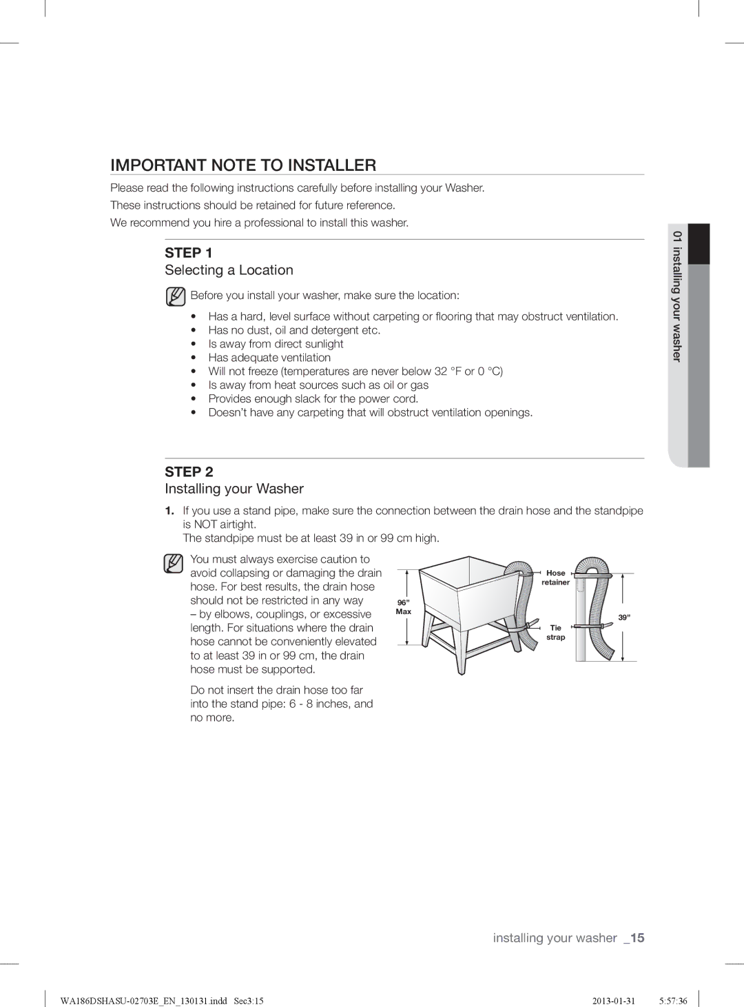 Samsung WA186DSHASU/YL manual Important Note to Installer, Step 