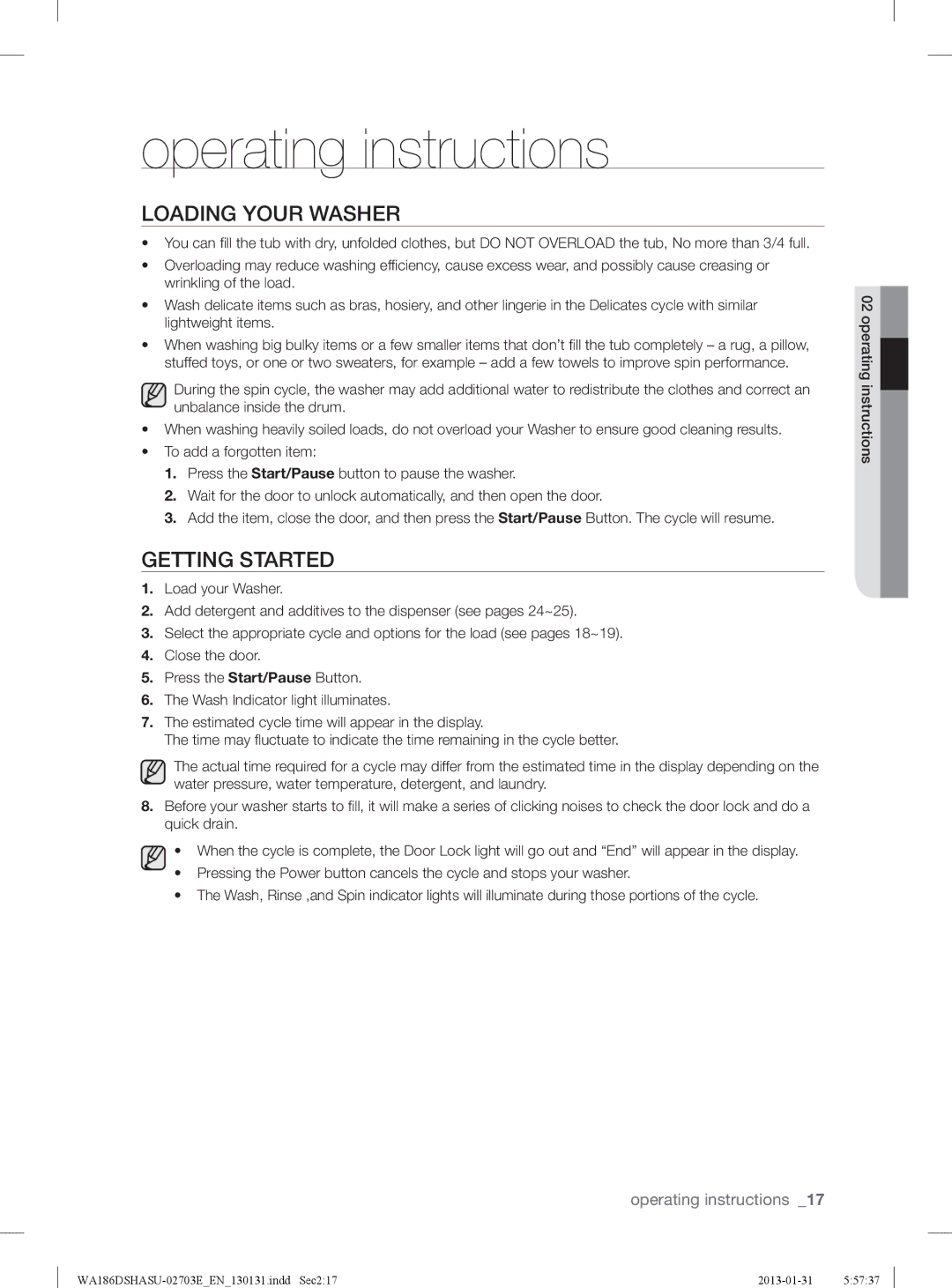 Samsung WA186DSHASU/YL manual Operating instructions, Loading Your Washer, Getting Started 