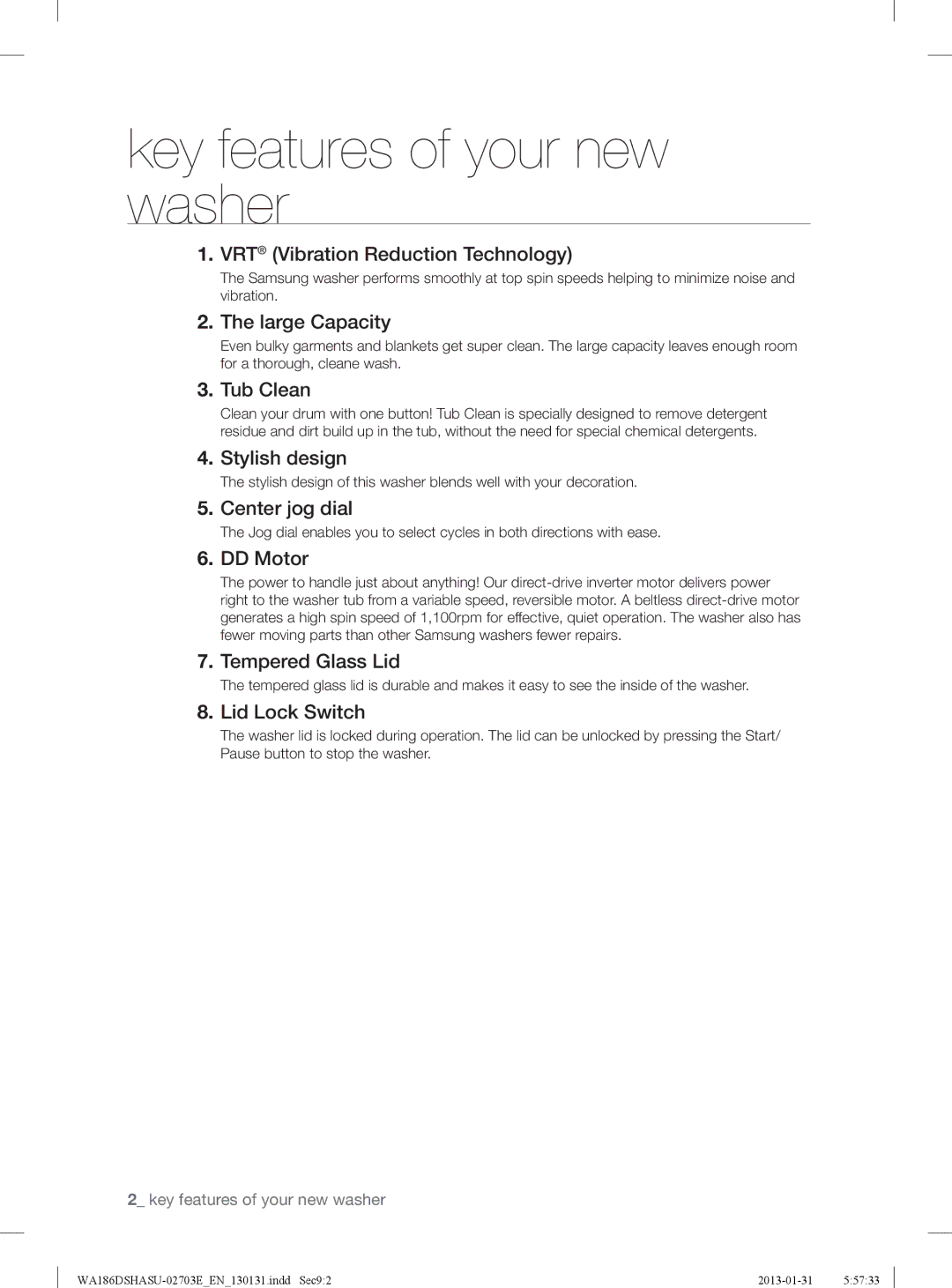 Samsung WA186DSHASU/YL manual Key features of your new washer 