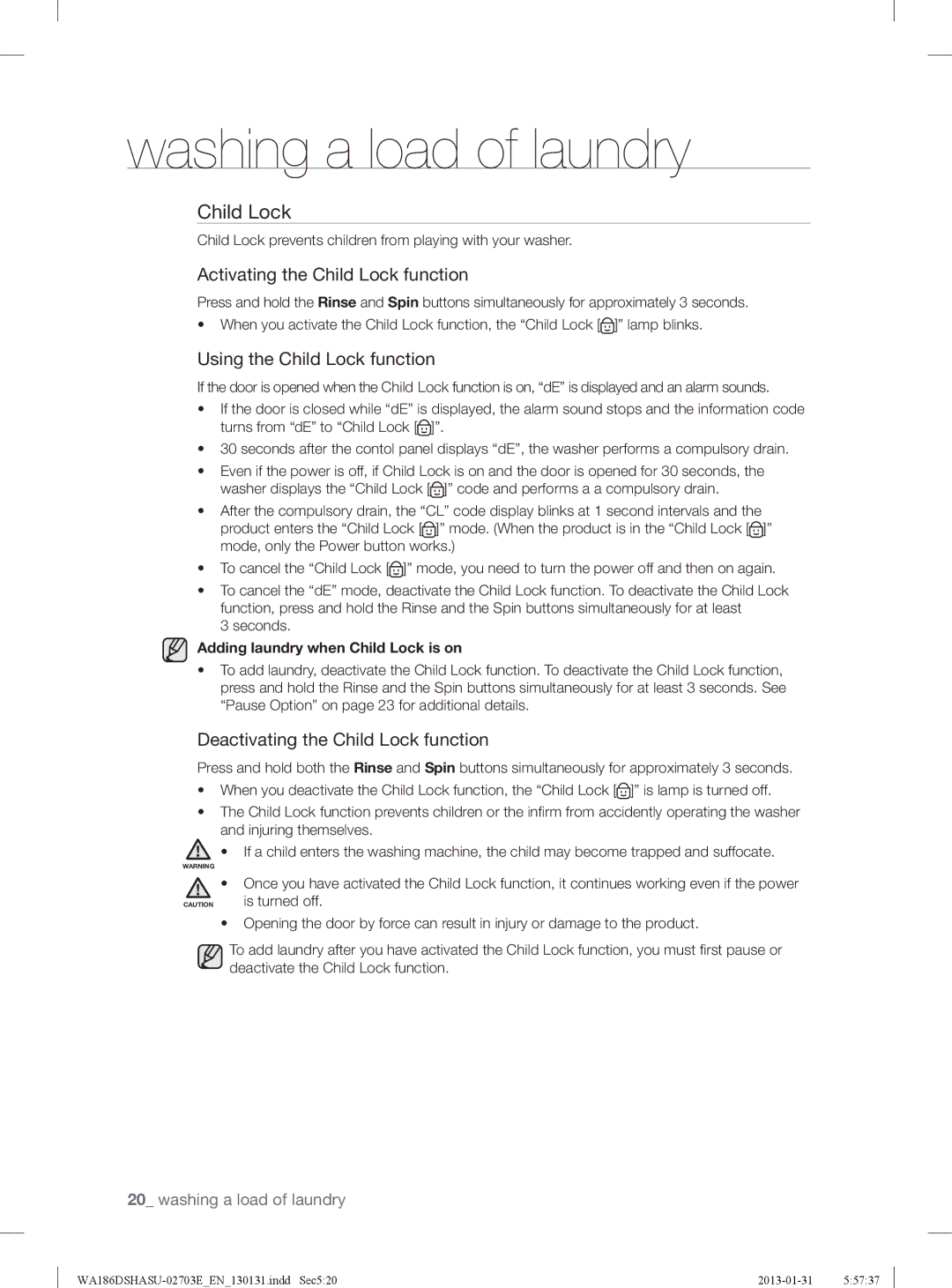 Samsung WA186DSHASU/YL manual Child Lock prevents children from playing with your washer, Seconds 