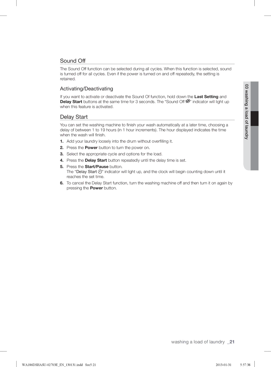 Samsung WA186DSHASU/YL manual Sound Off, Delay Start 