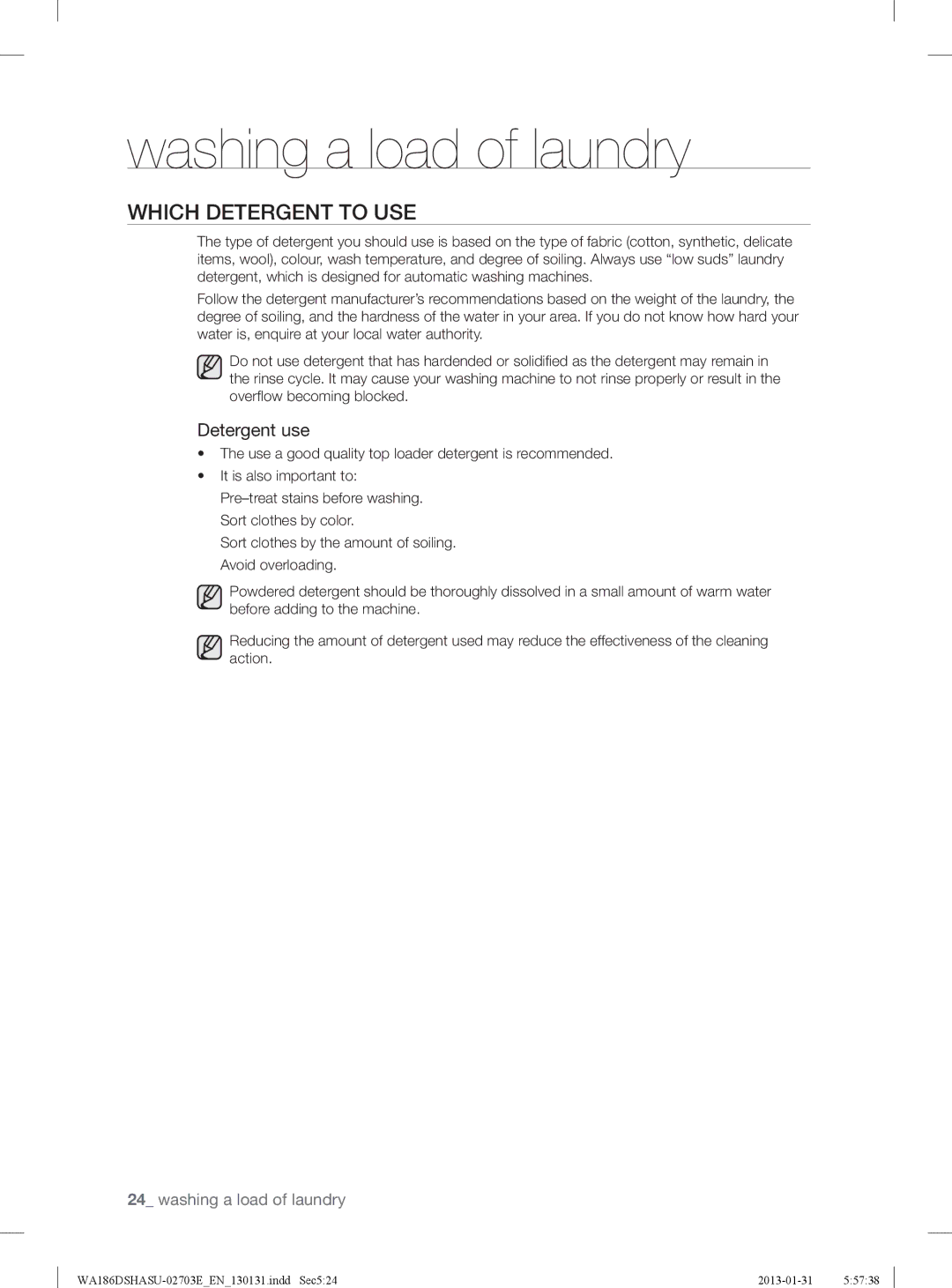 Samsung WA186DSHASU/YL manual Which Detergent to USE, Detergent use 