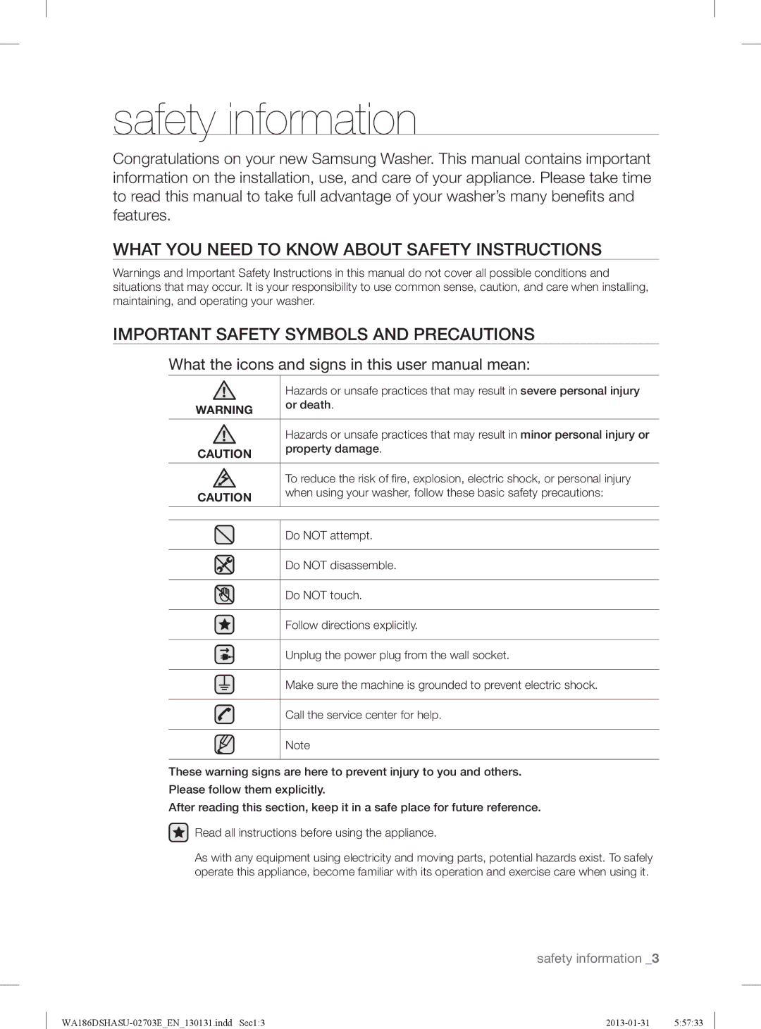 Samsung WA186DSHASU/YL manual Safety information, Or death, Property damage 