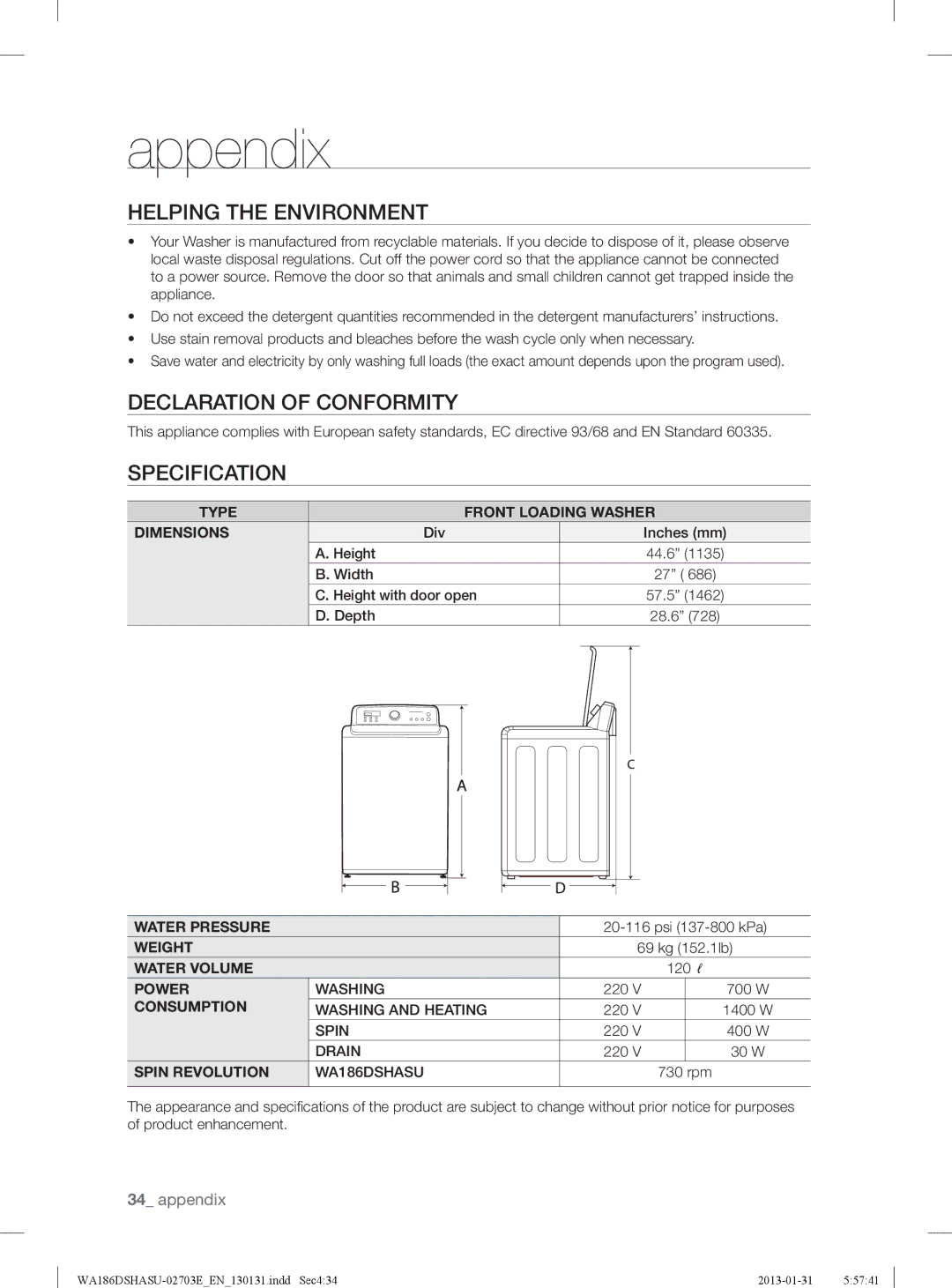 Samsung WA186DSHASU/YL manual Helping the Environment, Declaration of Conformity, Specification 